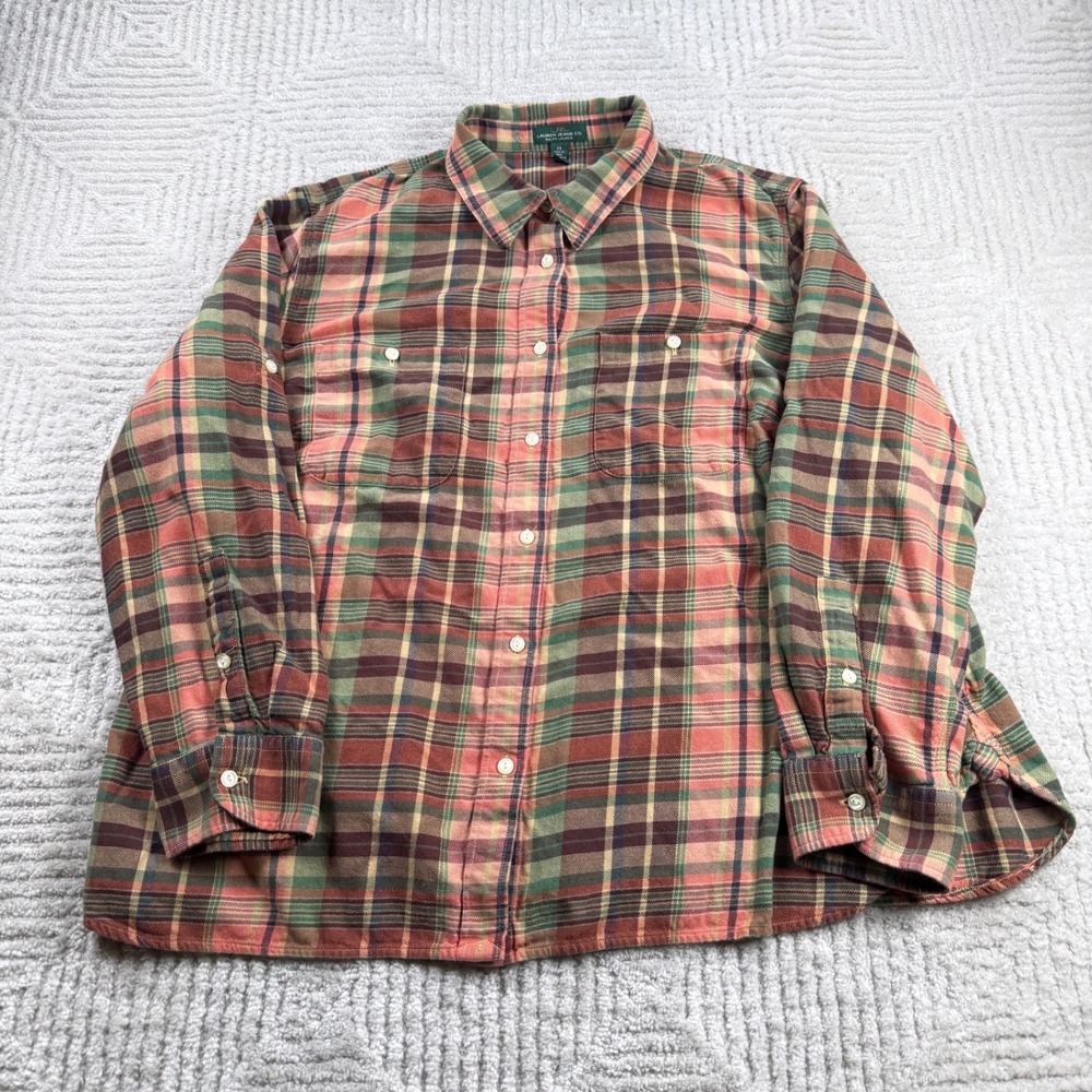 Lauren Ralph Lauren Plaid Button Down Women's 2X Orange Green Cabincore Rustic